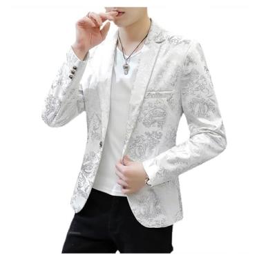 Imagem de Blazer masculino casual, estampado, paletó, gola de lapela, casaco casual vintage, Branco, 3G