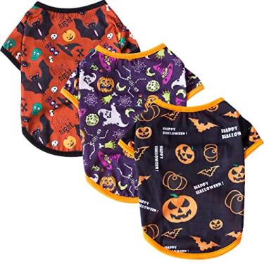 Imagem de XIAOYU 3 peças de camisa de cachorro Halloween roupas para animais de estimação morcego preto engraçado, chapéu mágico, camiseta cabeça de abóbora para cães pequenos, gato, Halloween, cosplay, roupas