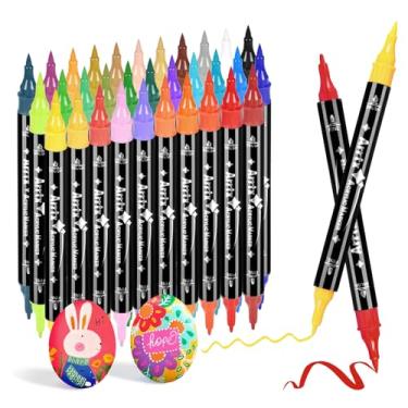 Imagem de Arrtx Canetas de tinta acrílicas, ponta de pincel de 32 cores e marcadores de tinta de ponta fina (ponta dupla) para pintura em pedras, materiais de pintura acrílica à base de água para pintura em tecido, madeira, plástico, tela, ovo de páscoa