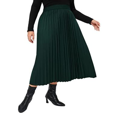 Imagem de KOJOOIN Saia plissada plus size plus size saia cintura elástica boho saias midi plus size para mulheres curvilíneas, Verde escuro, 4G