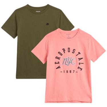 Imagem de AEROPOSTALE Camisetas para meninos - Pacote com 2 camisetas de manga curta - Camiseta clássica com gola redonda estampada para meninos (4-16), Conchas verdes/rosa, 4