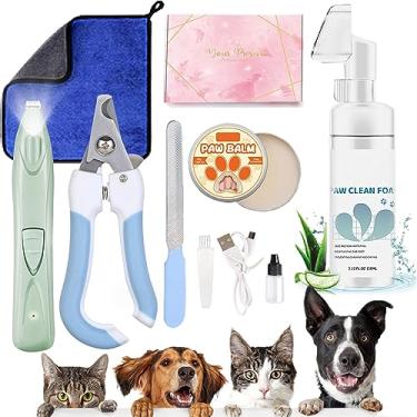 Imagem de Qiveaory Kit de limpeza de pata de cachorro com 150 ml de espuma de microfibra sem água, bálsamo para pés, aparador de patas elétrico sem fio, com luz de LED, cortador de unhas para cães e gatos e