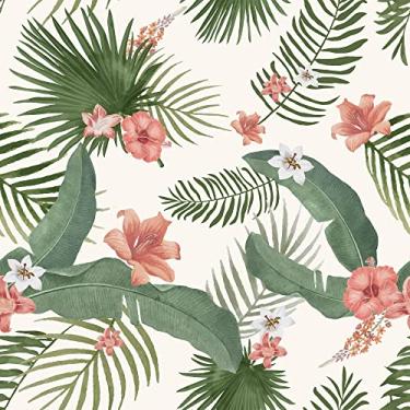 Imagem de WESTICK Papel de parede floral verde autoaderente papel de parede tropical palmeira papel de parede de vinil botânico folha de bananeira rosa amarílis flor papel de contato para armários 44,5 x 299,7