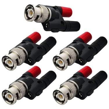 Imagem de onelinkmore BNC Plugue macho para 2 x 4 mm Dual Banana Fêmea Soquete Encadernação Poste RF Coaxial Divisor Conector BNC Adaptador Banana para Antenas de Rádio HF Osciloscópio DVM Pacote com 5