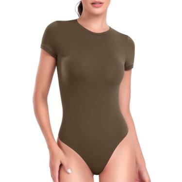 Imagem de HeyNuts Body feminino de camada dupla ultramacia de manga curta e gola redonda, camiseta básica casual, Marrom alfarroba, P