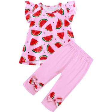 Imagem de Popshion Roupas de verão para bebês meninas 2 peças camiseta de manga esvoaçante calça legging capri cropped conjunto de roupas infantis 2-10t, Rosa/melancia, 3 Anos