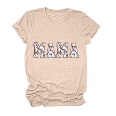 Imagem de Camisetas femininas com estampa de beisebol, manga curta, gola redonda, caimento solto, camiseta de beisebol de verão, Bege, M