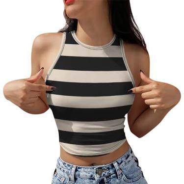Imagem de PKDong Regata cropped feminina sexy sem mangas, listrada, patchwork, gola única, camiseta de treino, moda verão, Caqui, XXG
