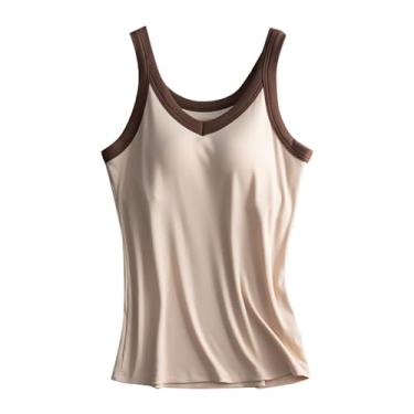 Imagem de Camiseta feminina de algodão com sutiã embutido para o verão, casual, básica, respirável, sem mangas, cor lisa, Bege, P
