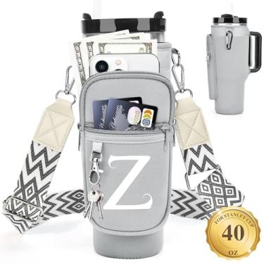 Imagem de LOKASS Suporte de garrafa de água com alça para copo Stanley Copo de 1,2 l com alça, inicial personalizada, bolsa de transporte de garrafa de água com bolso para telefone para acessórios Stanley Cup