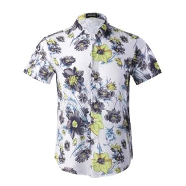 Imagem de Camisa masculina havaiana manga curta 4 vias stretch casual botão para baixo tropical floral verão praia camisa estampada, Preto, amarelo, XXG