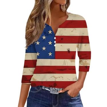Imagem de Camiseta feminina verão dia da independência bandeira dos EUA vermelho branco azul listrado blusas 4th of July Henley Shirt, rosa, XXG