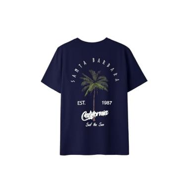 Imagem de SOLY HUX Camiseta feminina com estampa de letras, manga curta, gola redonda, verão, Azul escuro tropical, G