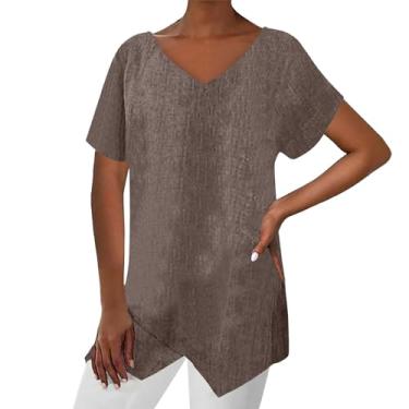 Imagem de Blusa feminina de linho com gola V grande, manga curta, mistura de algodão, camisetas casuais de verão, Marrom, M