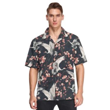 Imagem de CHIFIGNO Camisa havaiana masculina de manga curta, caimento solto, estampada, abotoada, casual, camisa tropical de praia, Guindastes brancos flores de cerejeira rosa - 2, G