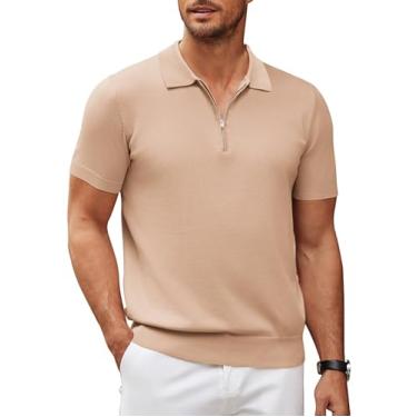 Imagem de COOFANDY Camisa polo masculina com zíper casual de malha manga curta camiseta polo camiseta de ajuste clássico, Sólido - Bronze claro, P