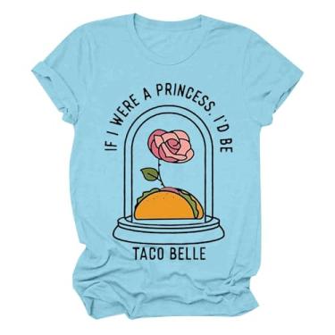 Imagem de Camisetas femininas If I were A Princess I'd Be Taco Belle, manga curta, plus size, gola redonda, estampa floral, camisetas modernas, Azul-celeste, M