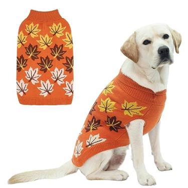 Imagem de KOOLTAIL Suéter para cachorro, suéter de malha de cachorro para clima frio pulôver de gola rolê, suéter de outono com padrão de folha de bordo de outono, roupas de inverno para cães pequenos, médios e grandes, meninos e meninas, laranja G