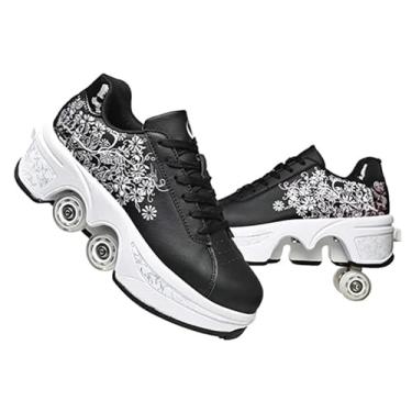 Imagem de Patins para mulheres e meninas, patins quadriláteros deformados de fileira dupla, sapatos de caminhada automáticos com rodas destacáveis, sapatos de patinação unissex (flor preta, 38)