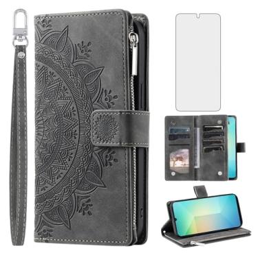 Imagem de Asuwish Capa de telefone para Samsung Galaxy A06 capa carteira com protetor de tela de vidro temperado alça de pulso mandala flor couro flip zíper celular A 06 GalaxyA06 mulheres homens cinza