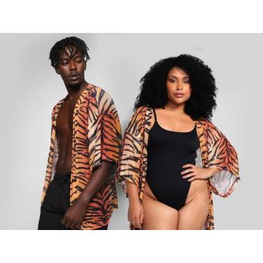 Imagem de Kimono Vista Magalu Tule Animal Print Tigre, Laranja e Preto, Único