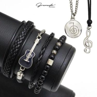 Imagem de Kit C/04 Pulseiras De Couro Masculina Música Violão Premium + Colares 