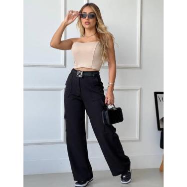 Imagem de Calça Cargo Com Bolsos Larga Feminina Wed Legging  Pantalona Alfaiatar
