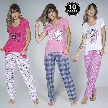 Imagem de Kit 10 Pijamas Feminino Calça Longa Estampada Blusa Manga Curta - WLS 