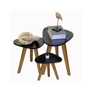 Imagem de Kit Trio Jogo de Mesinhas Lateral Sala Pé Palito Retro Tampo Orgânico 