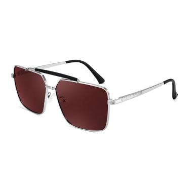 Imagem de FEISEDY Óculos de sol aviador polarizados modernos femininos masculinos retrô quadrado ponte dupla metal 90s Shades B0098, Armação prateada, lente vermelha, 52MM