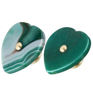 Imagem de Rockcloud Conjunto de 2 puxadores de armário de fatia de ágata em forma de coração com parafusos, puxador de gaveta de pedra para cômoda e decoração de cozinha, verde
