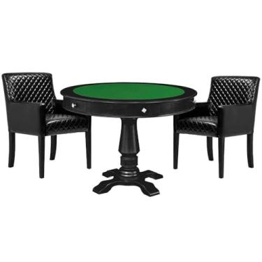 Imagem de Mesa de Jogos Carteado Victoria Redonda Tampo Reversível Preto com Kit 2 Cadeiras Liverpool PU Preto Matelassê - Gran Belo