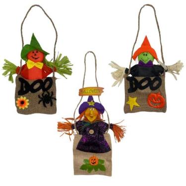 Imagem de Kit decoração bruxinha abóbora espantalho halloween assustador juta - 