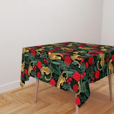 Imagem de Toalha De Mesa Quadrada 4 Lugares Tecido Oxford Onças e Rosas Vermelha