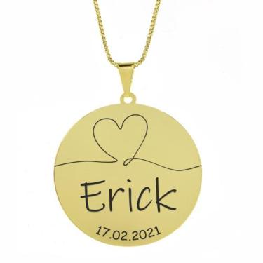 Imagem de Gargantilha Pingente Redondo Personalizado Coração Nome Erick Banhado 