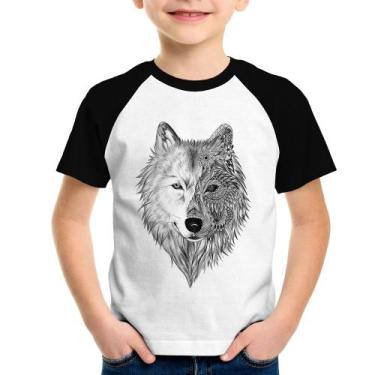 Imagem de Camiseta Raglan Infantil Lobo Mandala - Foca na Moda, Branco, Preto, 6