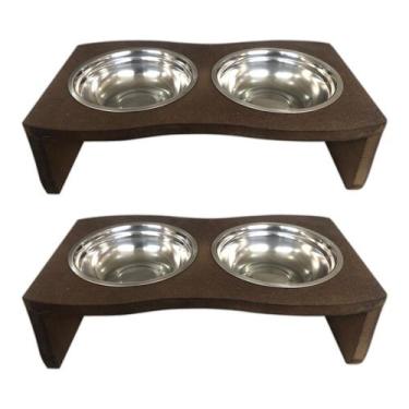 Imagem de Kit 2 Comedouro Madeira Com 2 Potes Inox Pet Cachorro Gato 3 opiniões 