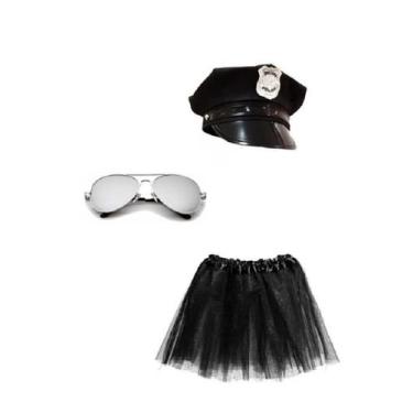 Imagem de Fantasia Policial Feminina Quepe Preto Óculos Espelhado Saia - CM Pres