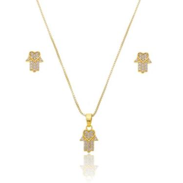 Imagem de Conjunto Colar e Brinco Hamsá Amuleto Banho de Ouro 18k - Enzara Jóias