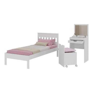 Imagem de Cama de Solteiro para Colchão 88 x 188 cm com Penteadeira 54cm e Puff Multimóveis Cr40121 Branco