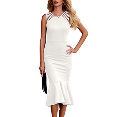 Imagem de PRETTYGARDEN Vestido feminino elegante midi colado ao corpo, sem mangas, costas nuas, bainha com babados, sereia, formal, coquetel, casamento, convidada, Branco, G