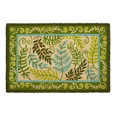 Imagem de Capacho HF by LT Fern 100% Coir, 45,7 x 76,2 cm, suporte de PVC antiderrapante, design de folha verde e azul-petróleo, durável, sustentável