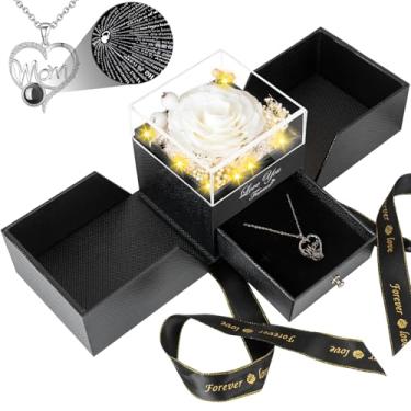 Imagem de BNWXOY Presentes para mãe de filha e filho, ideia única de presente de aniversário para mãe, rosas reais preservadas com eu te amo em 100 idiomas colar para mãe, presente legal para mamãe - branco