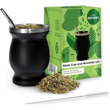 Imagem de VAUQUITA Conjunto Mate Cup And Bombilla - O conjunto de erva mate inclui um copo de erva mate, um Bombilla Mate (palha) e pincel - Parede dupla de aço inoxidável | Fácil de limpar (preto)