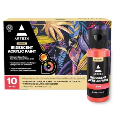 Imagem de ARTEZA Conjunto de tinta acrílica iridescente – 10 tons de galáxia, tintas à base de água cintilantes para projetos de tela, madeira, pedras, tecidos e materiais mistos
