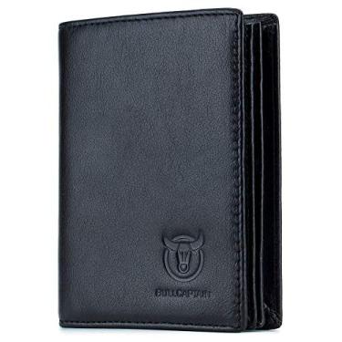 Imagem de Carteira masculina de couro genuíno com bloqueio de RFID e compartimento para documento de identificação, compartimento para cartão de crédito, Preto, 4.72 x 3.74 x 0.98 inches(HxLxW)