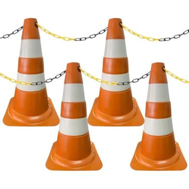Imagem de 4 Cones de Sinalização para Estacionamento 50cm e 4m de Corrente de Isolamento (Laranja e Branco)
