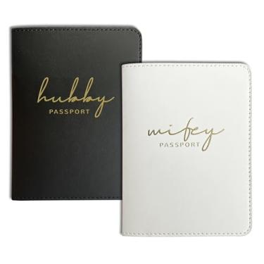 Imagem de Mr&Mrs Gifts Porta-passaporte combinando para noiva e noivo Mr&Mrs logotipo dourado lua de mel presente essencial de viagem para recém-casados, HW-Preto Branco, Casais