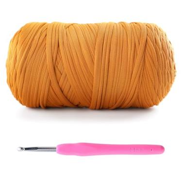 Imagem de Fio de camiseta para crochê - 400 g/130 m para sacos de crochê/cestas/decoração de casa - fio de camiseta de tecido elástico macio com 1 gancho de crochê (1, açafrão)
