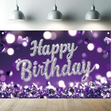 Imagem de Starlit Patio Banner roxo de feliz aniversário para mulheres, diamantes brilhantes, roxo, aniversário, fotografia, fundo para mulheres, decoração de festa, 189 x 109 cm